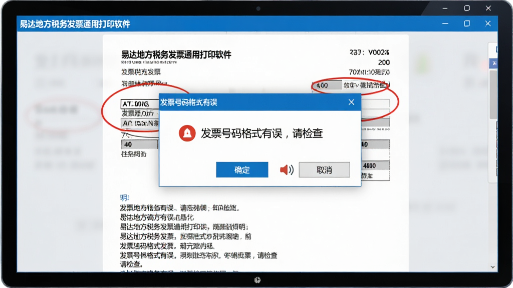 主体:电脑屏幕显示易达地方税务发票通用打印软件的格式校验结果界面,界面弹出一个警告框提示“发票号码格式有误,请检查”。布局:警告框居中弹出,背景是发票预览界面,有问题的字段用红色圆圈标出。排版:警告框有“确定”和“取消”按钮,并有提示音图标。风格:界面友好,警告醒目但不刺眼。细节:预览界面的发票下方有详细的错误说明列表。画质:高清,干净,无多余元素。
