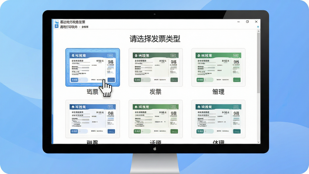 主体:电脑屏幕上显示易达地方税务发票通用打印软件的多票种选择界面,界面上排列着多种发票模板缩略图。布局:屏幕居中显示,四周有柔和的蓝色渐变背景。排版:界面上方有“请选择发票类型”的文字,下方是两行三列的模板图标,每个图标下方标注发票名称。风格:扁平化UI设计风格,色彩清新明快。细节:每个发票模板缩略图都清晰显示票面布局线,鼠标指针悬停在第一个模板上。画质:高清,干净,无多余元素。