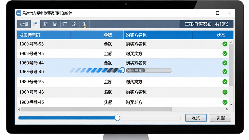 主体:电脑屏幕显示易达地方税务发票通用打印软件的批量打印队列界面,列表中有多条发票记录,状态栏显示“正在打印第3张,共10张”。布局:屏幕居中,队列列表占据主要区域,底部有进度条和控制按钮。排版:列表每行显示发票号码、金额、购买方名称,状态栏用蓝色高亮。风格:企业软件界面,数据清晰,配色稳重。细节:打印中的记录有动态进度条动画,已完成的记录有绿色对勾标记。画质:高清,干净,无多余元素。