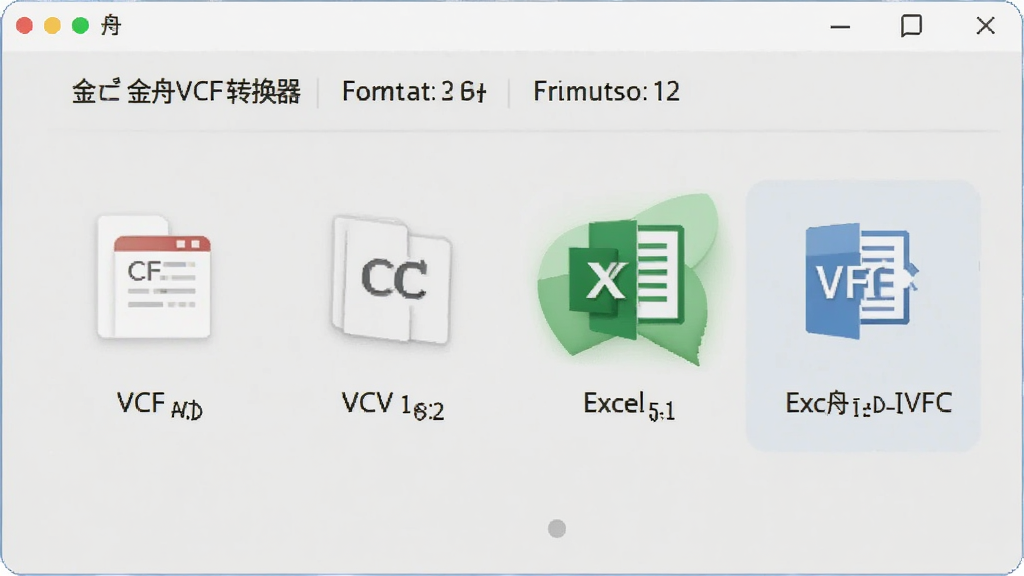 一张展示金舟VCF转换器格式转换功能的示意图,界面中显示VCF转CSV、VCF转Excel、Excel转VCF等选项,图标清晰,背景为浅灰色,整体风格简约,画质干净,无多余元素