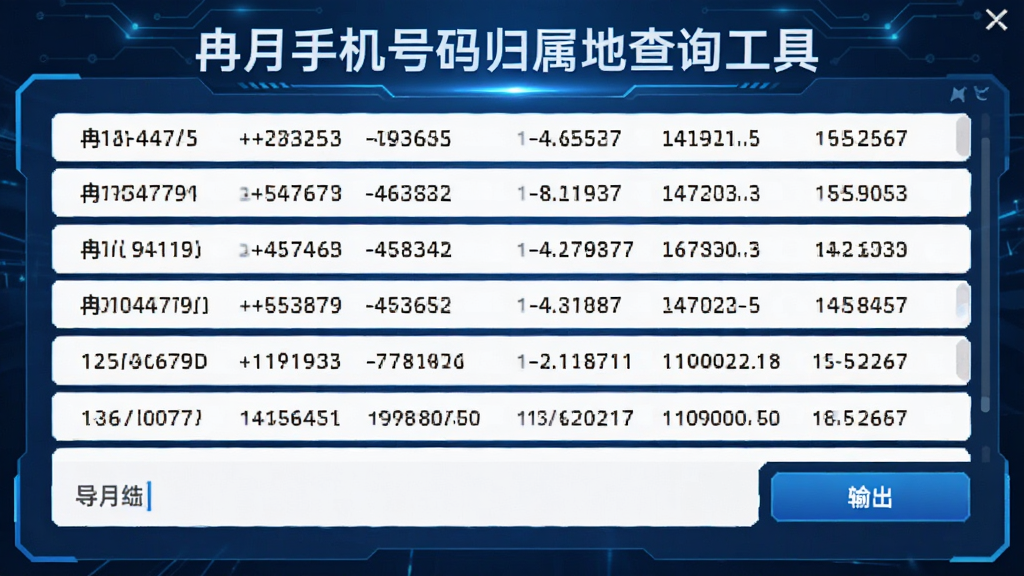 冉月手机号码归属地查询工具批量查询功能展示,多行号码列表和导出按钮,界面有“冉月手机号码归属地查询工具”标识,蓝色科技风格,干净清晰