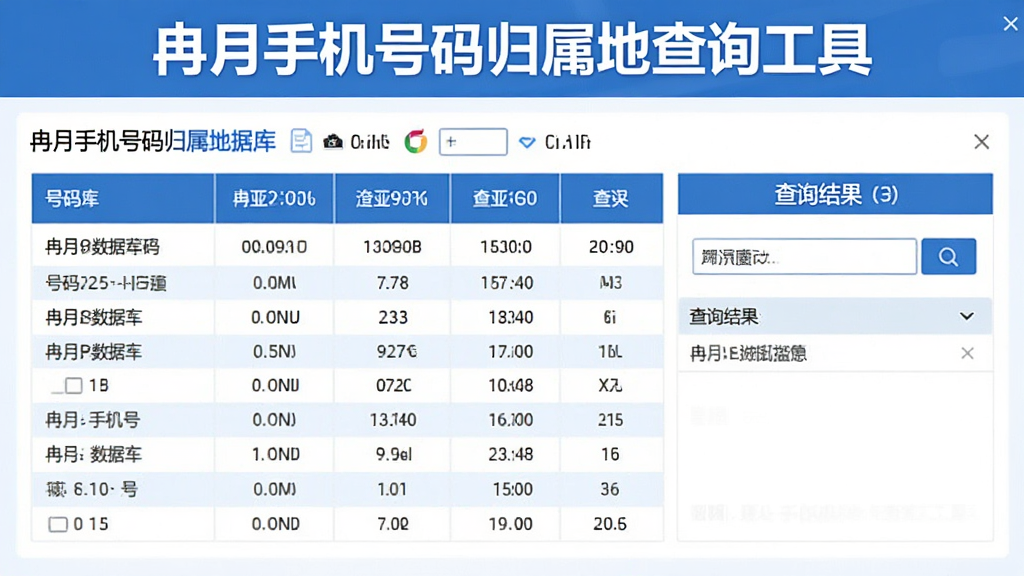 冉月手机号码归属地查询工具特色界面,展示号码段数据库和查询结果,界面采用蓝色调,数据表格清晰,顶部有“冉月手机号码归属地查询工具”字样,整体风格专业,画质干净