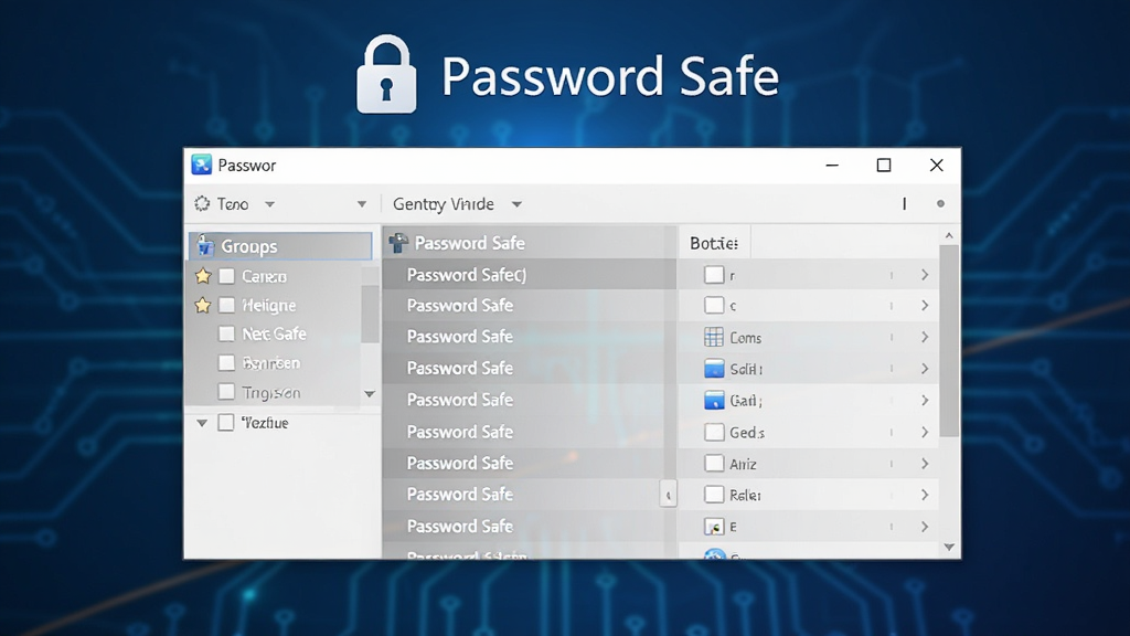 画面中央展示Password Safe软件主界面,左侧为分组列表,右侧为条目详情,背景为深蓝色科技感渐变,界面简洁明亮,配以锁形图标和“Password Safe”字样,整体风格干净专业,画质高清,无多余元素