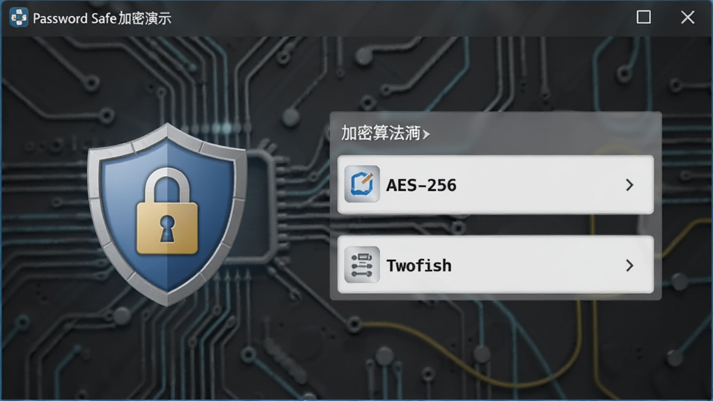 Password Safe加密演示界面,显示加密算法选项AES-256和Twofish,配以盾牌和锁形图标,背景为深灰色科技感纹理,界面简洁专业,画质清晰,无多余元素