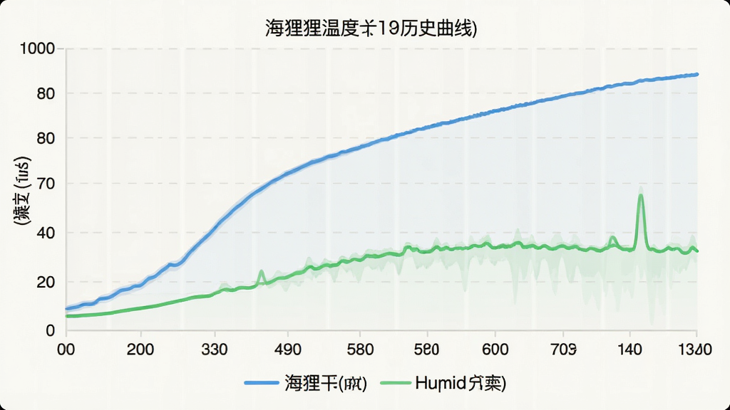 海狸温度计历史曲线图表界面,浅色背景上绘制蓝色温度曲线和绿色湿度曲线,横轴为时间刻度,纵轴为数值,曲线平滑清晰,图表下方有图例说明,整体风格简约专业,排版规整,画质清晰,干净,无多余元素