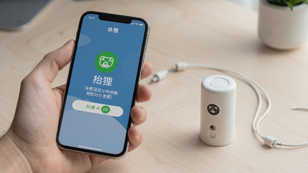 海狸温度计传感器配对示意图,一个手持手机显示配对成功界面,旁边放置一个白色圆柱形传感器,背景为简洁桌面,光线柔和,整体氛围专业,画质干净,无多余元素