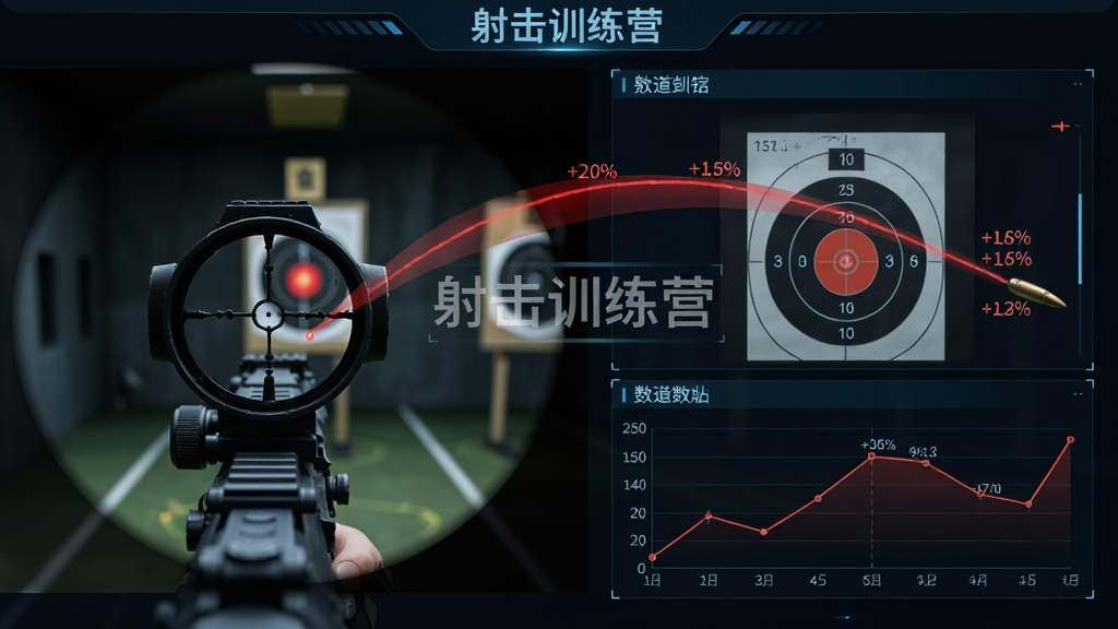 主体:射击训练营的弹道模拟界面,显示子弹飞行轨迹与靶心命中点。布局:左侧为枪械瞄准视角,右侧为弹道数据图表。排版:轨迹线为红色半透明,数据以折线图呈现。风格:科技感数据面板,深色背景。细节:靶子上显示环数,轨迹线清晰标注偏移量,界面有“射击训练营”水印。画质:高清渲染,细节锐利,画面整洁。