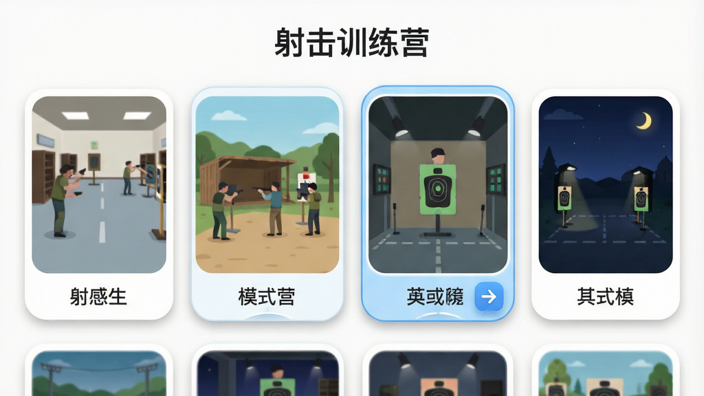 主体:射击训练营的靶场选择界面,多个不同风格的靶场缩略图横向排列。布局:缩略图卡片均匀分布,选中状态高亮。排版:每个卡片下方有模式名称,顶部有“射击训练营”标题。风格:清新扁平化+轻微拟物阴影。细节:缩略图展示室内、室外、夜间等场景,卡片圆角设计。画质:画面干净,色彩柔和,无多余元素。