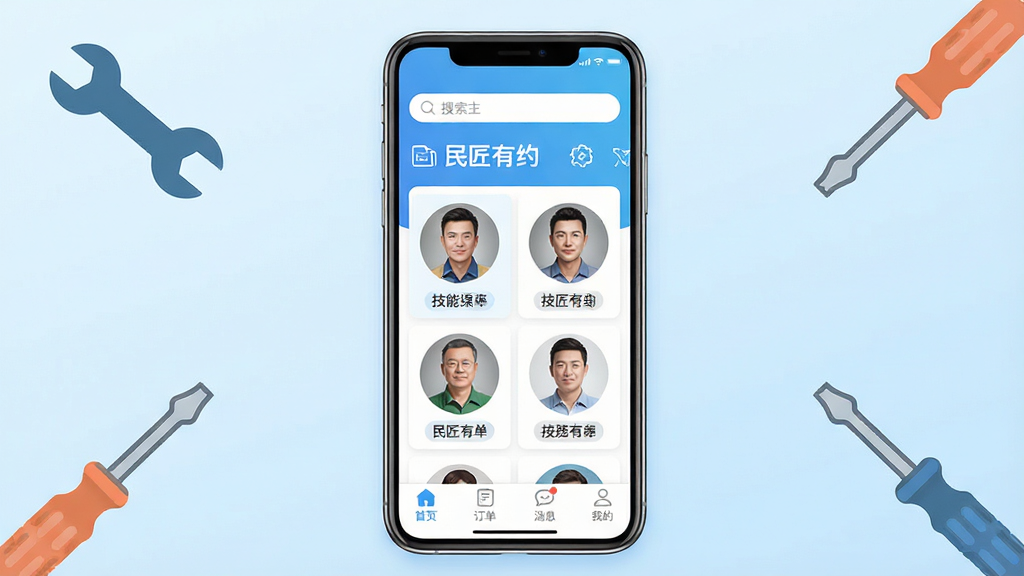 ���壺�ֻ���Ļչʾ������Լ��APP�����棬���涥�������������в���ʾ�������ʦ����ͷ���뼼�ܱ�ǩ���ײ��С���ҳ������������������Ϣ�������ҵġ��ĸ�����ͼ�ꡣ���֣��ֻ����У���Ļ���������ɱ棬����Ϊ����ɫ���䣬��Χ�м��Ĺ���ͼ�꣨���֡���˿������׺���Ű棺������Ϣ�㼶���������������������С���񣺱�ƽ����ƣ�ɫ�����죬�ִ���ǿ��ϸ�ڣ���Ļ����ʾ������Լ��������ʦ��ͷ��Ϊдʵ��񣬷������ͼ��Ϊ���Է������ɾ����ࡣ���ʣ����壬�޶���Ԫ�ء�