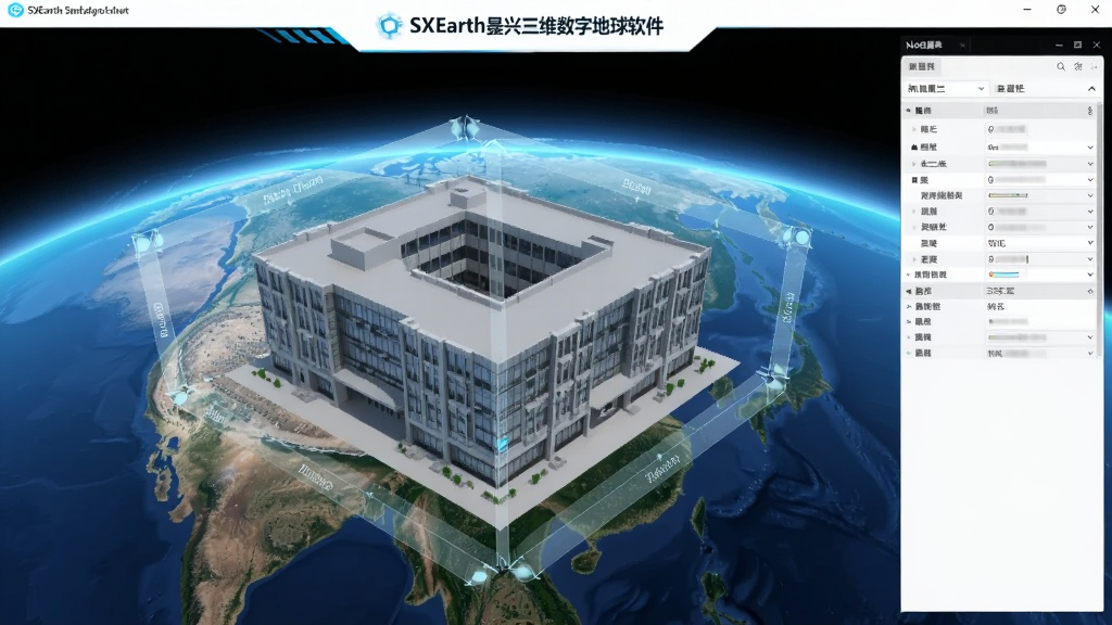 主体为SXEarth晟兴三维数字地球软件中一栋三维建筑模型放置在数字地球表面,周围有半透明测量线标注尺寸,界面包含模型属性面板,整体明亮清晰,科技感,画质细腻,干净无多余元素
