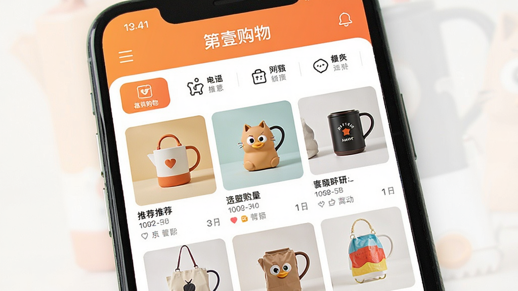 电商购物APP界面展示,手机屏幕显示“第壹购物”主界面,布局清晰,分类导航栏醒目,下方是丰富的商品推荐瀑布流,图片风格现代简约,色彩明亮温暖,画质干净,无多余元素