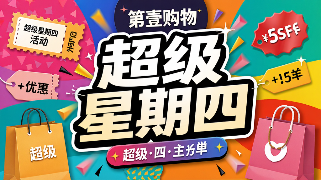 海报风格图片,画面主体为“第壹购物”超级星期四活动主视觉,背景采用撞色拼接设计,居中大标题文字“超级星期四”,周围环绕优惠券、折扣标签、购物袋等元素,排版热情奔放,细节丰富,画质高清干净