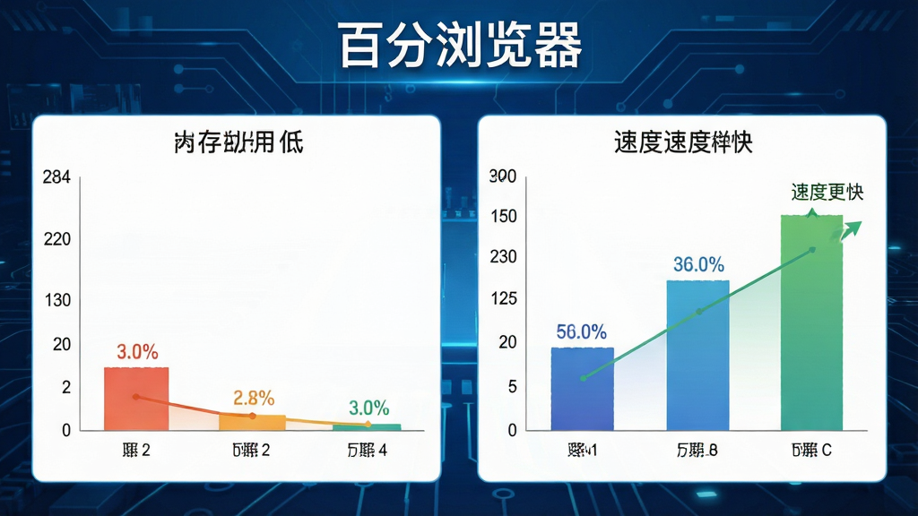 百分浏览器性能对比图表,左侧显示内存占用低,右侧显示速度更快,背景为科技蓝色调,数据可视化风格,清晰标注“百分浏览器”字样,画质高清,干净无杂乱元素