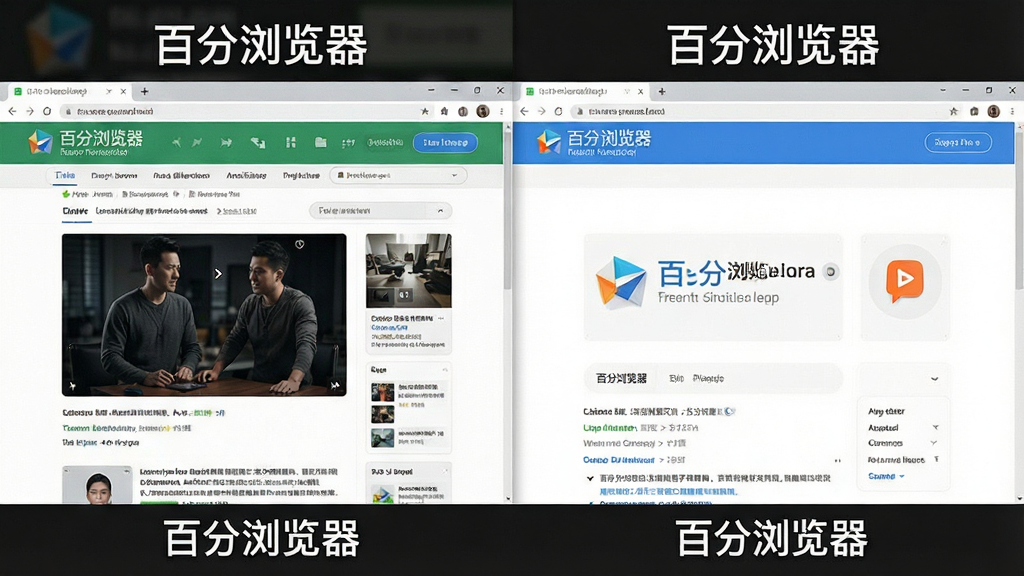 百分浏览器广告拦截效果图,左侧为未拦截的杂乱网页,右侧为拦截后的干净页面,对比鲜明,风格写实,画质清晰,带有“百分浏览器”标识,无多余元素