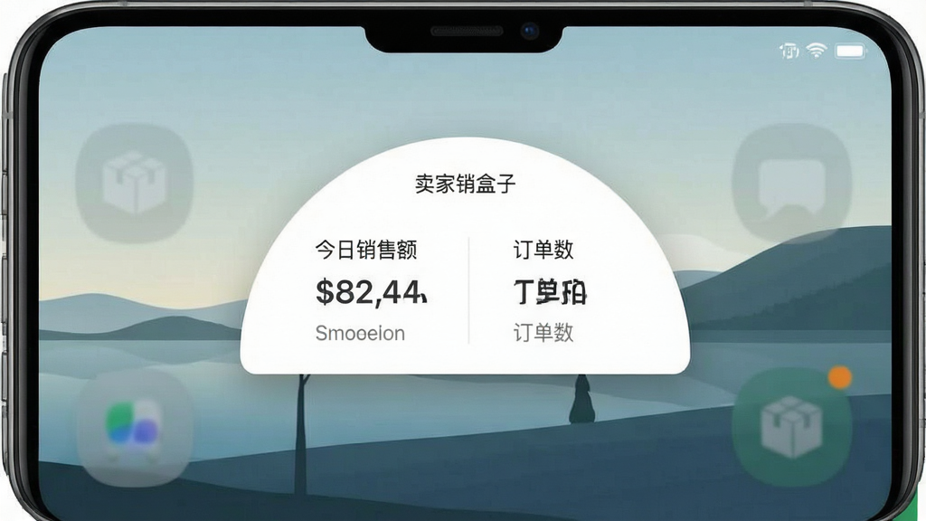 一张展示“卖家盒子”在手机后台运行时的悬浮窗功能效果图,画面主体为手机桌面,桌面背景为简约风景图,屏幕边缘悬浮着半圆形的数据看板小窗,显示今日销售额和订单数,布局协调,排版整洁,风格清新,细节真实,画质干净,无多余元素