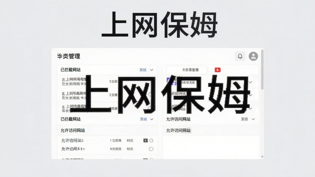 展示“上网保姆”软件网页过滤功能的界面预览图,画面中央是一个网页分类管理面板,包含“已拦截网站”和“允许访问网站”列表,背景为浅灰色,界面风格简约,突出功能名称“上网保姆”,文字清晰,画质干净,无多余元素。