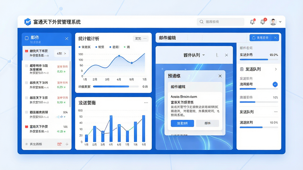 现代科技感的功能界面插图,主体为“富通天下外贸管理系统”邮件营销模块,左侧为邮件列表与统计图表,右侧为邮件编辑器与发送队列,布局采用卡片式排列,配色以蓝色和白色为主,风格简洁专业,细节包含折线图、进度条、邮件预览窗,画质高清,干净,无多余元素