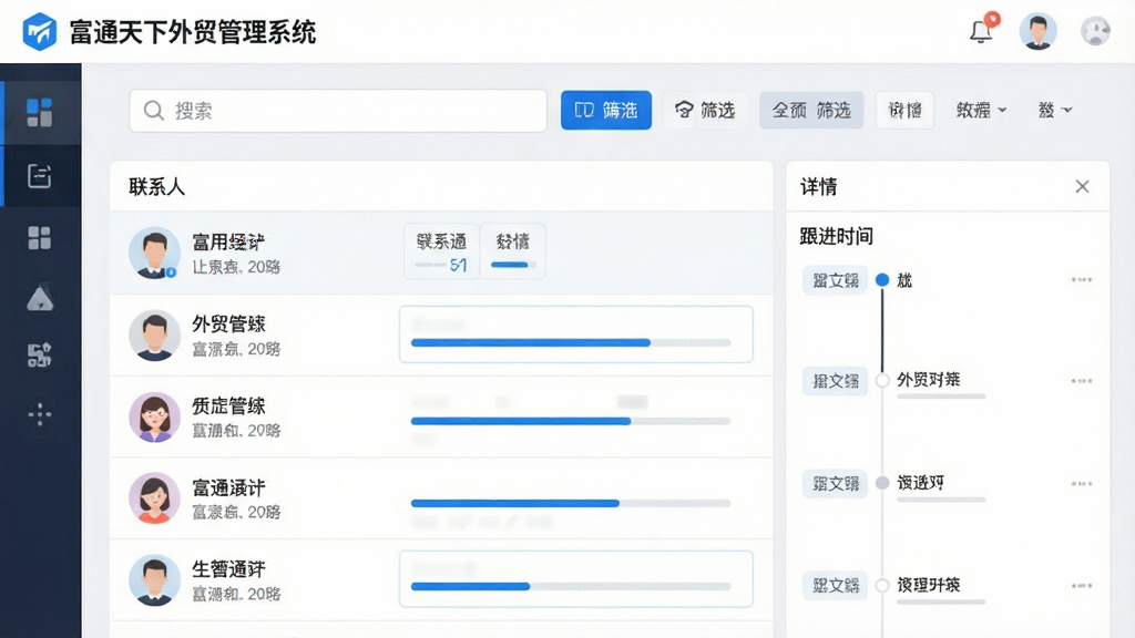 扁平化设计的功能展示图,主体为“富通天下外贸管理系统”客户管理界面,左侧为联系人列表,右侧为详情面板与跟进时间线,布局采用上下分区,上方为搜索栏与筛选标签,排版注重信息层级,风格清新简约,细节包括蓝色主题色、圆形头像、进度条,画质清晰,干净,无多余元素