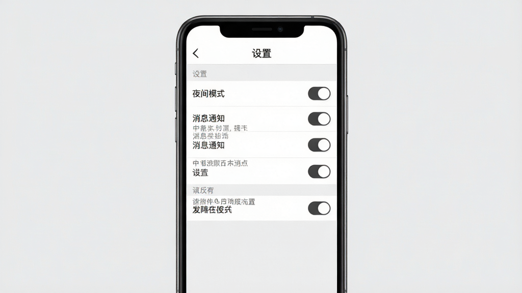 主体:爱新闻APP的设置界面,手机屏幕显示“设置”选项,布局:手机居中,背景为浅灰色,排版:设置列表清晰,有“夜间模式”、“消息通知”等选项,风格:简洁商务,色彩黑白灰,细节:开关按钮明显,画质:高清,干净无多余元素