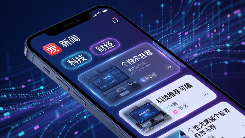 主体:爱新闻APP的智能推荐界面,手机屏幕显示个性化推荐卡片,布局:手机斜放,背景为抽象数据流,排版:屏幕上有多个兴趣标签,如“科技”、“财经”,风格:科技感,色彩偏蓝紫,细节:标签高亮,卡片边缘有光效,画质:细腻,干净无多余元素