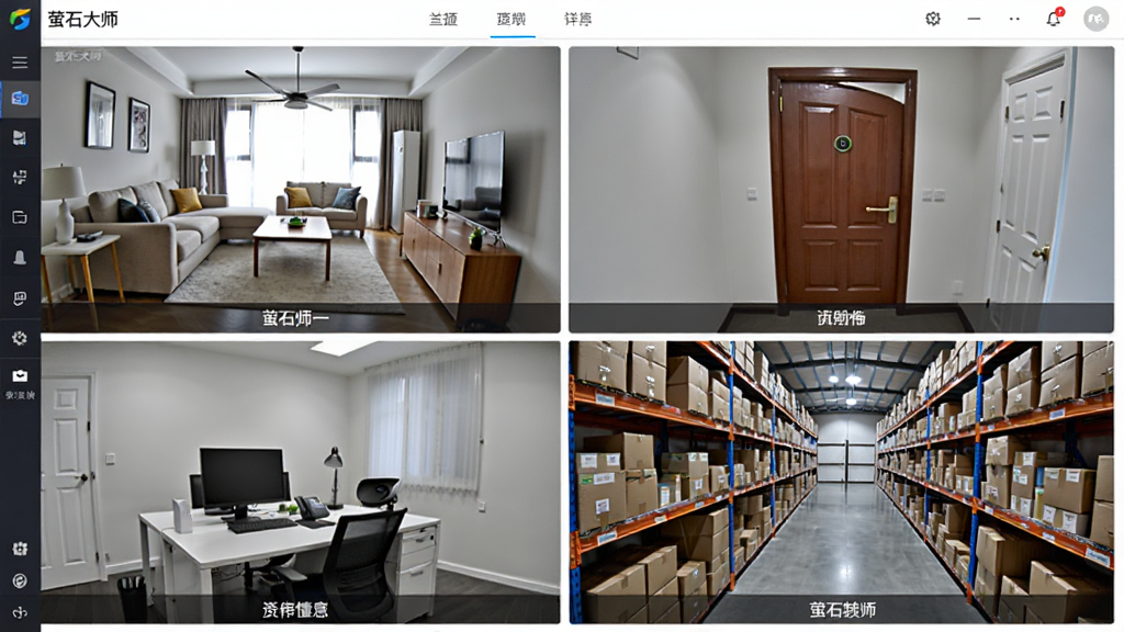 主体:萤石大师软件的多设备管理界面,网格布局展示四台不同角度的摄像头画面。布局:四宫格均分。排版:每个画面下方有设备名称标签。风格:简洁直观。细节:画面包含客厅、门口、办公室、仓库场景,顶部有“萤石大师”菜单栏。画质:清晰明亮,无多余元素。
