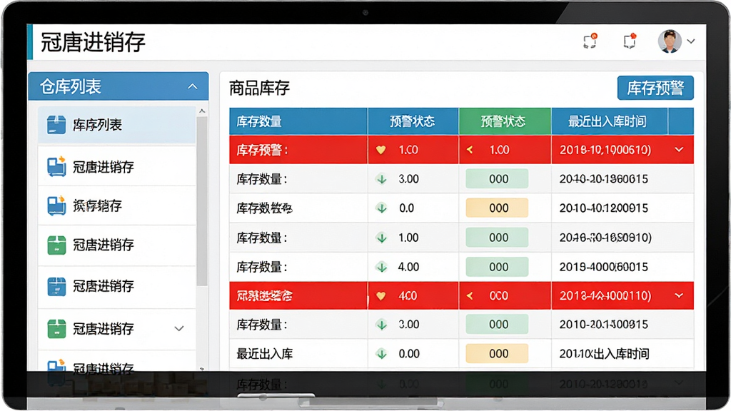 主体:冠唐进销存软件库存管理界面示意图。布局:左侧仓库列表,右侧为商品库存明细表,包含库存数量、预警状态、最近出入库时间。排版:表格整齐,预警行用红色标出。风格:简洁商务风,用色清新。细节:界面中显示“冠唐进销存”字样,有“库存预警”标签。画质:高清,干净,无多余元素。