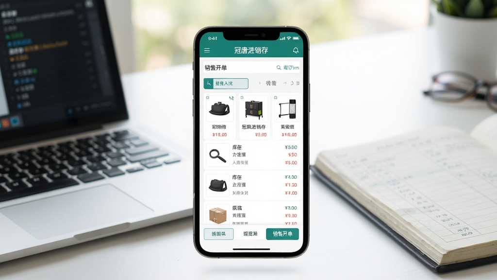 主体:手机展示冠唐进销存APP界面,背景为办公桌面。布局:手机屏幕居中,显示库存列表和销售开单界面,周围有笔记本电脑和账本。排版:手机界面清晰,文字可读。风格:真实场景摄影风格,光线明亮。细节:手机屏幕中显示“冠唐进销存”字样,界面中有商品图片和价格。画质:高清,干净,无多余元素。