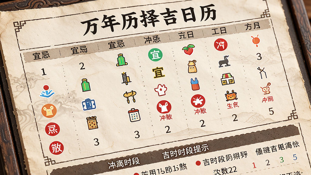 一张特写图片,展示“万年历择吉日历”中某一天的详细信息页面,宜忌列表用不同颜色图标区分,冲煞生肖用红色标注,页面底部有吉时时段提示,整体风格古色古香,文字排版清晰,画质干净,无多余元素