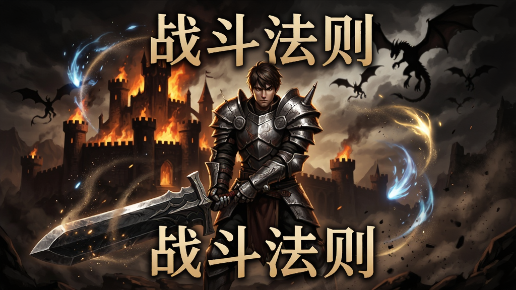 画面中央是手持巨剑的勇者,身后是燃烧的城堡与飞龙剪影,整体采用暗黑幻想风格,光影对比强烈,突出“战斗法则”四字标题,布局以角色为中心,四周环绕技能特效光晕,细节包含盔甲纹理与粒子尘埃,画质精细,干净无多余元素