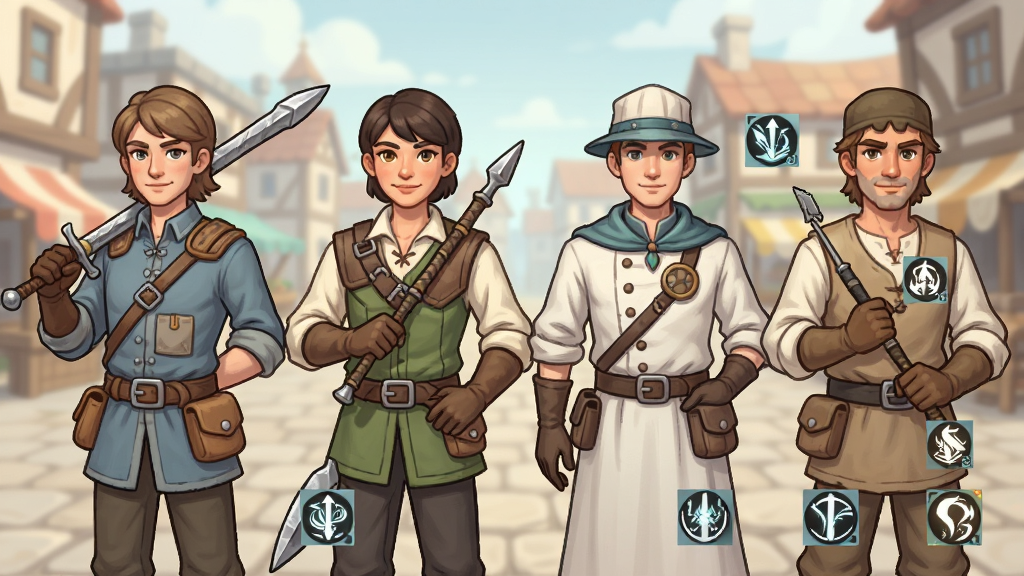 四个不同职业的角色并排站立,各持武器展示职业特色,背景为城镇广场,采用角色立绘风格,排版整齐,细节呈现装备细节与技能图标,画质柔和,干净无多余元素