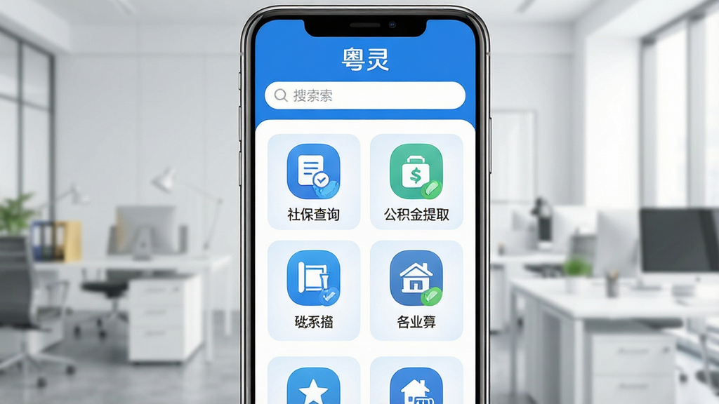主体:手机屏幕展示粤灵APP的政务办理页面,包含“社保查询”“公积金提取”等图标。布局:手机居中,背景为简洁的办公环境。排版:功能图标以网格状排列,上方有搜索栏。风格:清新商务风,蓝色与白色为主色调。细节:每个图标下配有中文名称,界面显示“粤灵”品牌标识。画质:高清,干净,无多余元素。