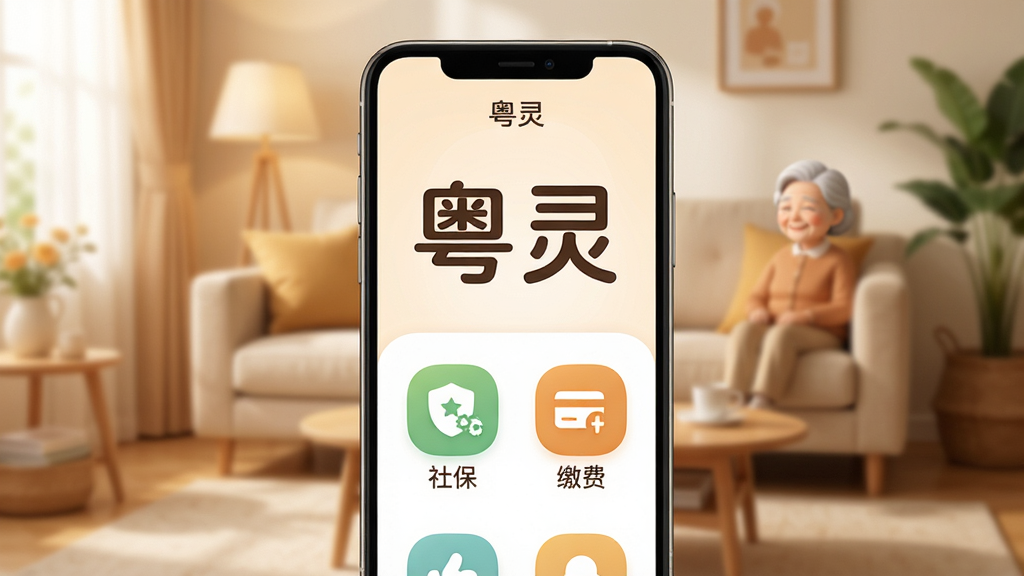 主体:手机展示粤灵APP的长辈模式界面,字体和图标较大。布局:手机居中,背景为温馨的家庭客厅环境。排版:界面简洁,大图标配大字体。风格:温暖柔和色调,圆角设计。细节:显示“粤灵”字样,以及“社保”“缴费”等大图标。画质:高清,干净,无多余元素。