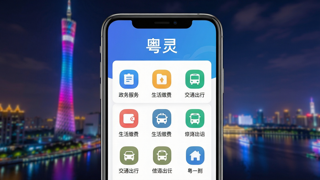 主体:粤灵APP的启动界面或主界面展示,背景为广州塔与珠江夜景,界面显示“粤灵”字样及主要功能图标。布局:居中构图,手机界面占据视觉中心,背景虚化。排版:清晰展示功能模块,图标排列整齐。风格:现代扁平化设计,色彩明快,突出科技感与本地特色。细节:界面中融入“政务服务”“生活缴费”“交通出行”等文字标签,图标精致。画质:高清渲染,干净,无多余元素。