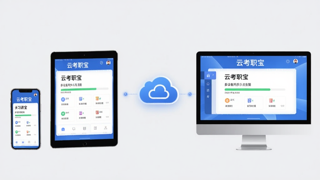 主体:云考职宝多设备同步示意图,三台设备(手机、平板、电脑)呈弧形排列,屏幕上都显示相同的学习进度界面,中间有云朵图标连接,布局:设备等距分布,背景为浅灰色,排版:图标化展示,风格:科技感,细节:设备屏幕上有“云考职宝”字样,画质:高清,干净,无多余元素