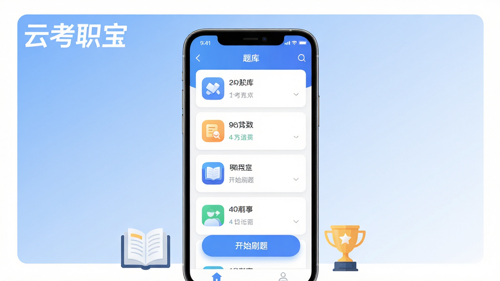 主体:云考职宝APP界面展示,手机屏幕占据画面中心,屏幕上显示题库列表与“开始刷题”按钮,背景为淡蓝色渐变,左上角有“云考职宝”白色字体logo,布局:手机居中,四周留白,下方有书本与奖杯的小图标装饰,排版:扁平化设计,信息层级清晰,风格:现代简约,科技感,细节:屏幕图标圆润,按钮有细微阴影,画质:4K高清,干净,无多余元素