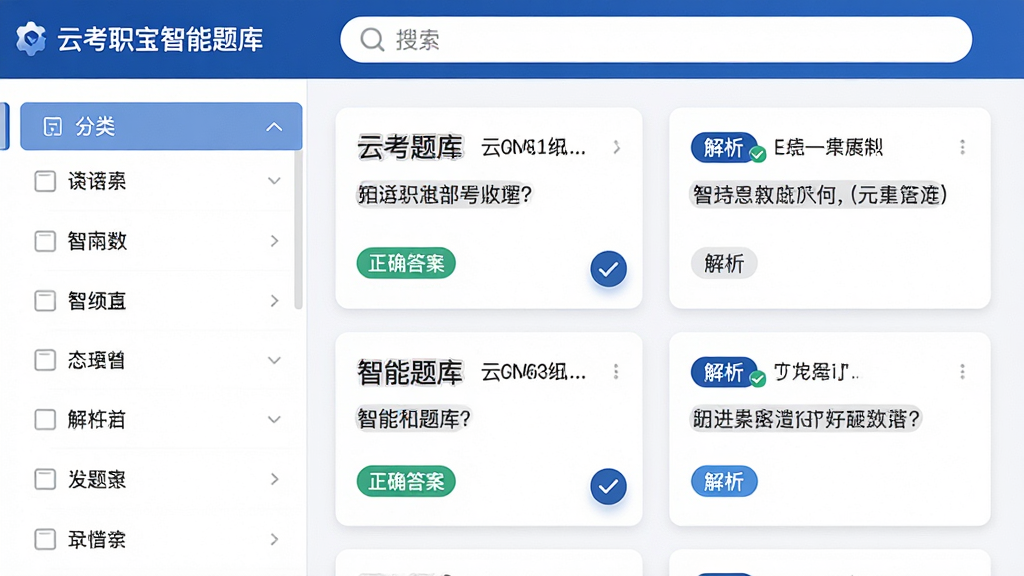 主体:云考职宝智能题库界面,左侧为分类列表,右侧为题目卡片,卡片上有“正确答案”与“解析”标签,布局:左右分栏,顶部有搜索框,排版:清晰列表式,风格:清爽商务,细节:题目卡片带有勾选动画,画质:高清,干净,无多余元素