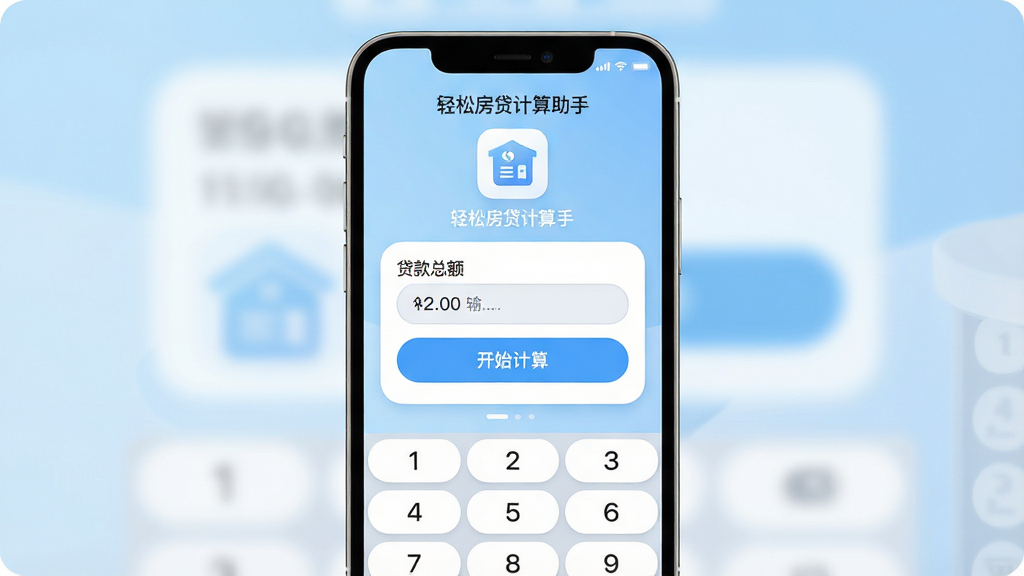 高清手机界面展示,主体为“轻松房贷计算助手”APP主屏幕,中央显示贷款总额输入框和“开始计算”按钮,上方有app名称和简约图标,背景为浅蓝色渐变,卡片式布局,每个模块圆角设计,配以白色数字键盘,整体风格现代简洁,UI设计干净,细节清晰,画质高,无多余元素