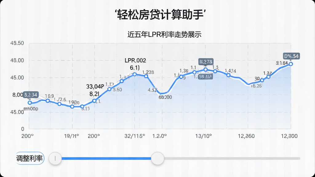 折线统计图界面,“轻松房贷计算助手”展示近五年LPR利率走势,蓝色折线清晰标注关键节点,下方有“调整利率”滑块控件,背景为浅灰网格,整体商务风格,布局简洁,数据可视化,画质清晰,无多余元素