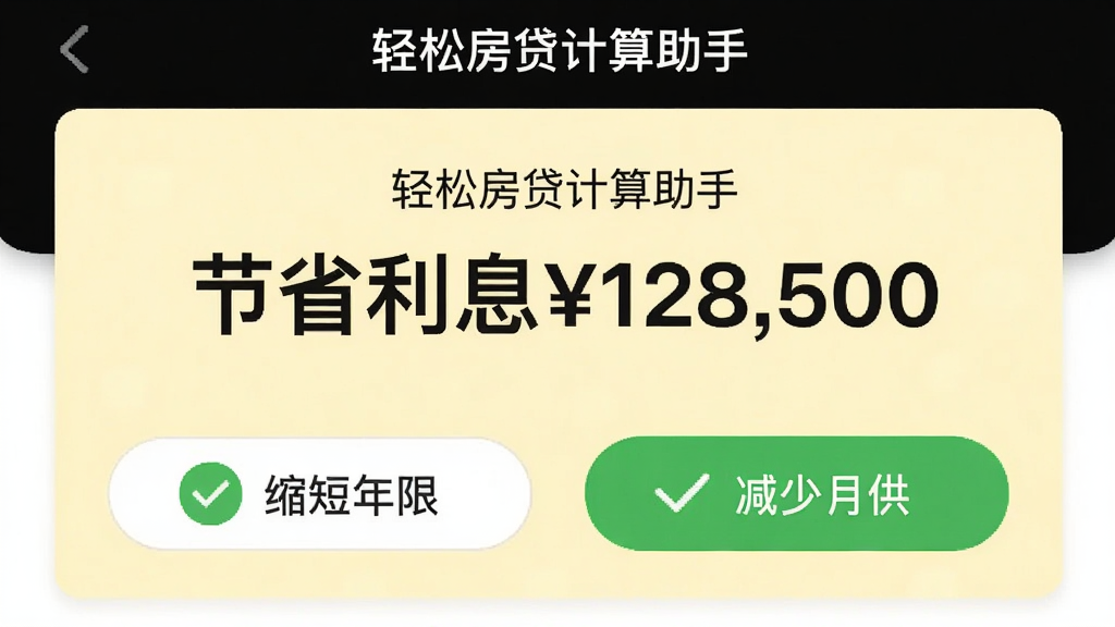 手机页面展示提前还款计算结果,“轻松房贷计算助手”显示“节省利息128,500”大字,下方两个方案按钮,左边“缩短年限”,右边“减少月供”,背景为淡黄色卡片,图标为绿色对勾,风格简洁明快,排版居中,画质细腻