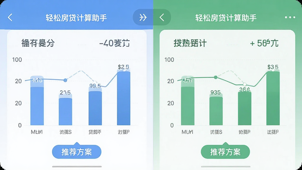 手机分屏对比界面,“轻松房贷计算助手”将两套贷款方案并排显示,左蓝右绿,各项数据用柱状图呈现,底部有“推荐方案”标签,布局规整,排版清晰,现代扁平化风格,色彩柔和,细节丰富,画质干净