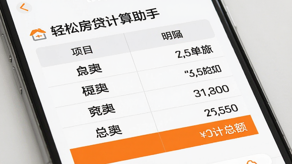 手机列表界面,“轻松房贷计算助手”显示税费明细表格,项目名称与金额分行排列,底部有合计总额,界面采用白色背景,橙色高亮合计行,字体清晰,排版整齐,风格简约,画质高