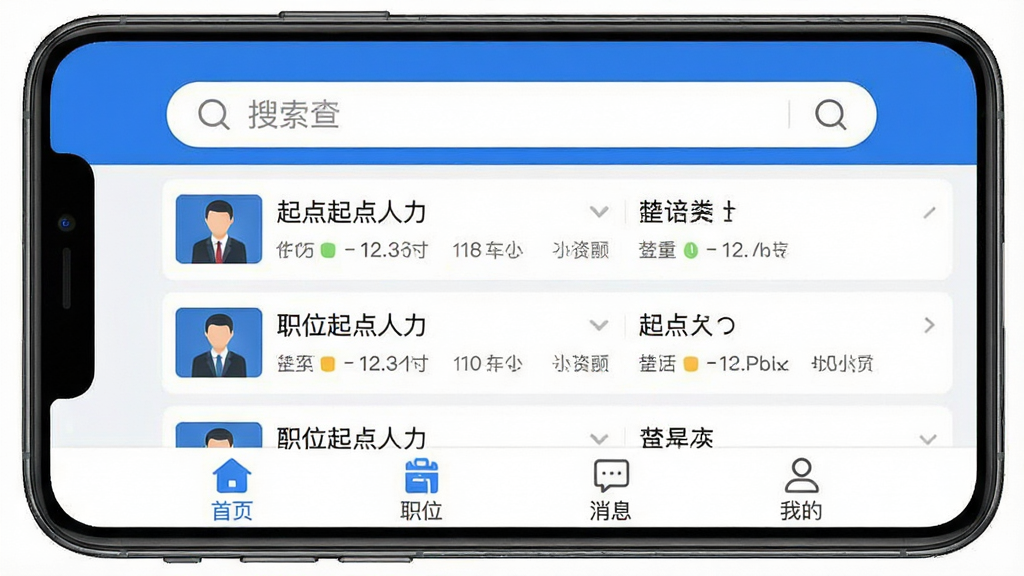 一张展示起点人力APP主界面的高清手机截图,界面布局清晰,上方是搜索栏,中间是职位推荐列表,底部有首页、职位、消息、我的四个标签栏,整体风格简洁现代,以蓝色为主色调,画面干净无多余元素,画质高清,突出APP名称“起点人力”。