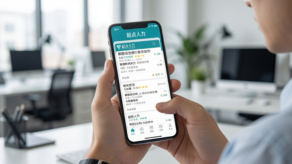一张展示起点人力APP使用场景的图片,用户正在手机上浏览职位信息,手机屏幕清晰显示“起点人力”界面,背景为办公环境,画面自然,光线明亮,突出APP的实用性,画质高清,无多余元素。
