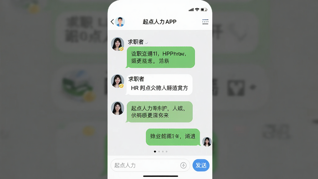 展示起点人力APP内聊天界面的截图,对话气泡清晰可见,显示求职者与HR的实时交流,界面下方有输入框和发送按钮,顶部显示企业名称,背景为白色,整体风格简洁明快,突出“起点人力”的沟通功能,画质干净无多余元素。