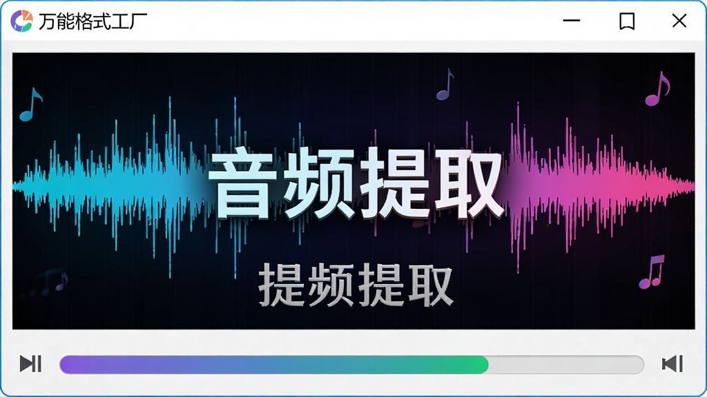 主体:万能格式工厂的音频提取功能,显示视频文件正在解析音频。布局:音频波形图展示。排版:提取进度条清晰。风格:音乐主题,色彩活泼。细节:包含“音频提取”字样。画质:高清,干净,无多余元素。