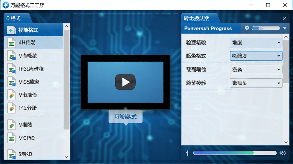 主体:万能格式工厂的格式转换功能界面,显示视频文件拖入窗口。布局:左侧为格式列表,右侧为转换队列。排版:文件名称和格式选项清晰可见。风格:科技感,蓝色调。细节:转换进度条显示,界面整洁。画质:高清,干净,无多余元素。