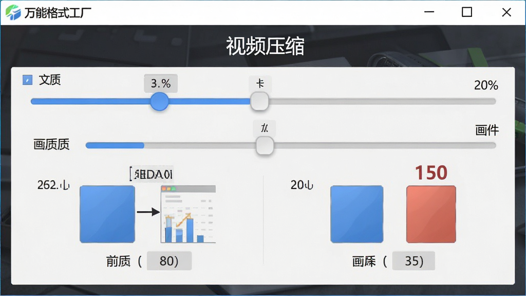主体:万能格式工厂的视频压缩设置面板,显示滑块调节画质。布局:面板居中,参数项清晰。排版:压缩前后文件大小对比明显。风格:简洁商务风。细节:显示“视频压缩”字样。画质:高清,干净,无多余元素。