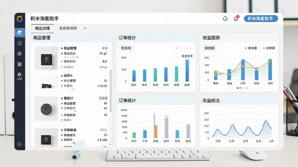 一张展示积米淘客助手软件主界面的高清截图,界面包含商品管理、订单统计、收益图表等模块,布局清晰,色彩明快,背景为浅色办公桌面,整体风格专业且现代,画质干净无多余元素