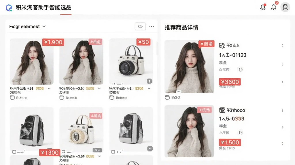 一张展示积米淘客助手智能选品功能的界面截图,左侧为商品列表,右侧为推荐商品详情,商品图片清晰,佣金比例用红色标注,整体布局简洁明了,画质干净