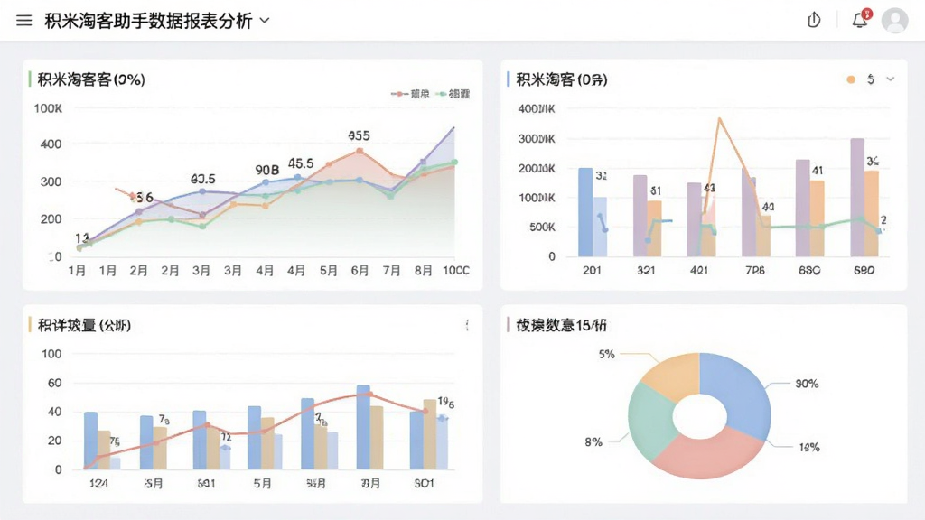 一张展示积米淘客助手数据报表分析功能的截图,页面包含折线图、柱状图和饼图,图表配色柔和,数据标注清晰,背景为浅灰色,画质干净